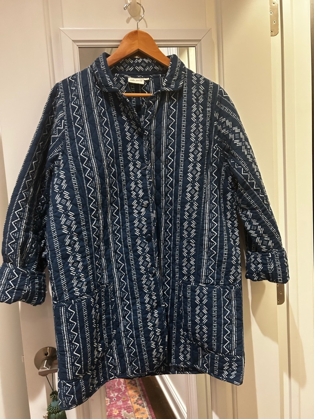 Julia Amory Quilted Dakota Jacket Indigo Blue White Geometric Block Print XS